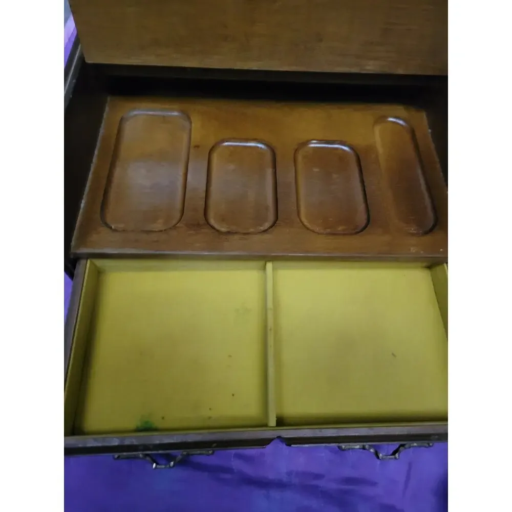 VTG Wood Jewelry Box Chest Brass Velvet Interior Valet Men MCM Anchors